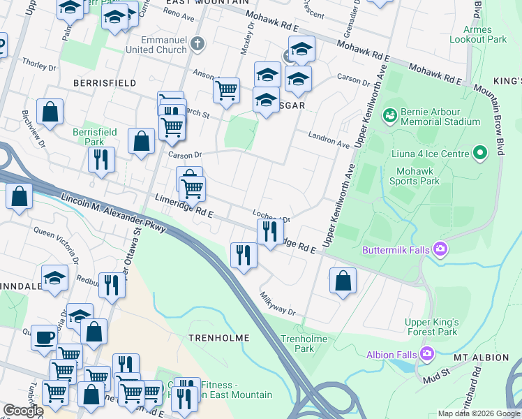 map of restaurants, bars, coffee shops, grocery stores, and more near 139 Locheed Drive in Hamilton