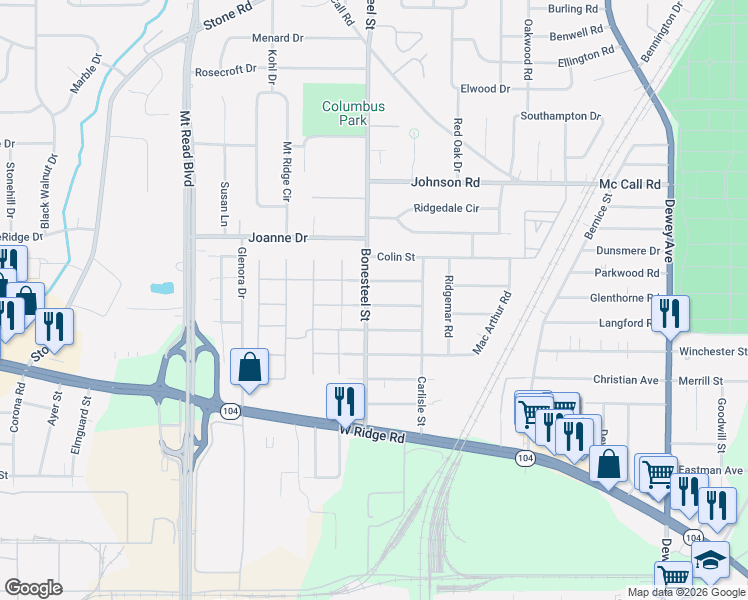 map of restaurants, bars, coffee shops, grocery stores, and more near 201 Bonesteel Street in Rochester