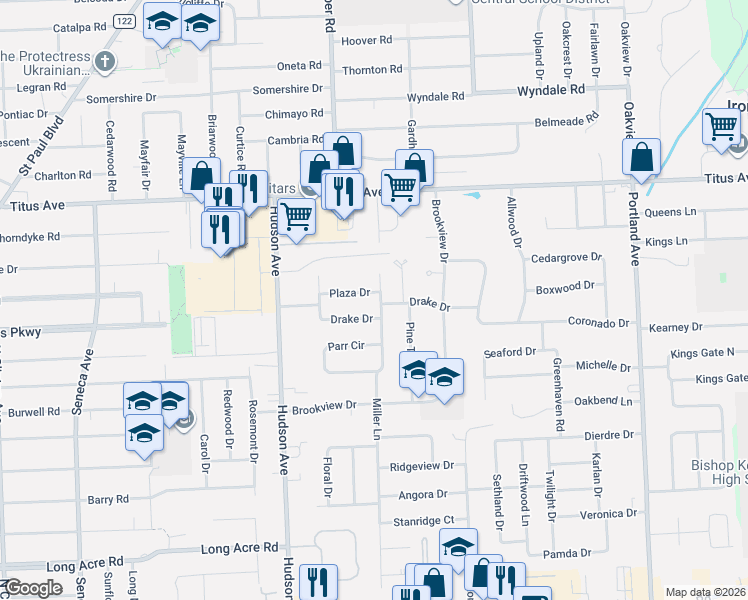 map of restaurants, bars, coffee shops, grocery stores, and more near 79 Plaza Drive in Rochester