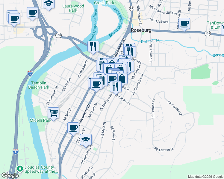map of restaurants, bars, coffee shops, grocery stores, and more near 748 Southeast Jackson Street in Roseburg