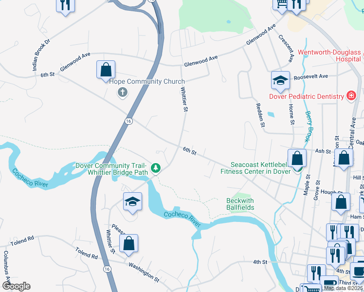 map of restaurants, bars, coffee shops, grocery stores, and more near 145 6th Street in Dover