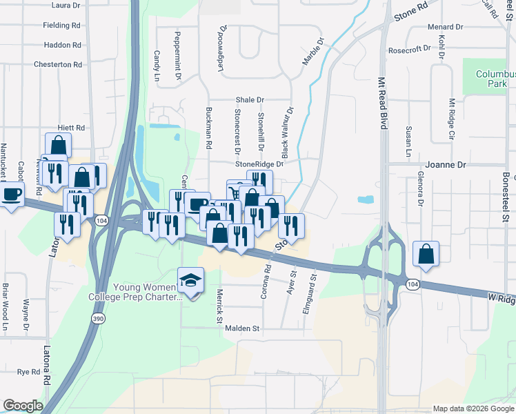 map of restaurants, bars, coffee shops, grocery stores, and more near 1520 West Ridge Road in Rochester