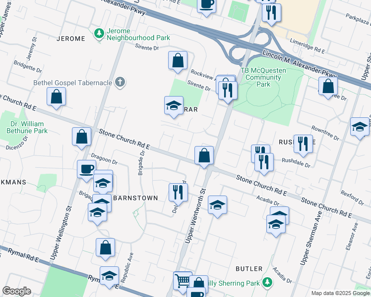map of restaurants, bars, coffee shops, grocery stores, and more near 30 Distin Drive in Hamilton