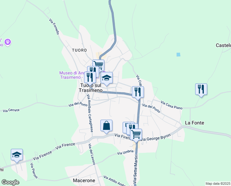 map of restaurants, bars, coffee shops, grocery stores, and more near 15 Via del Porto in Tuoro Sul Trasimeno
