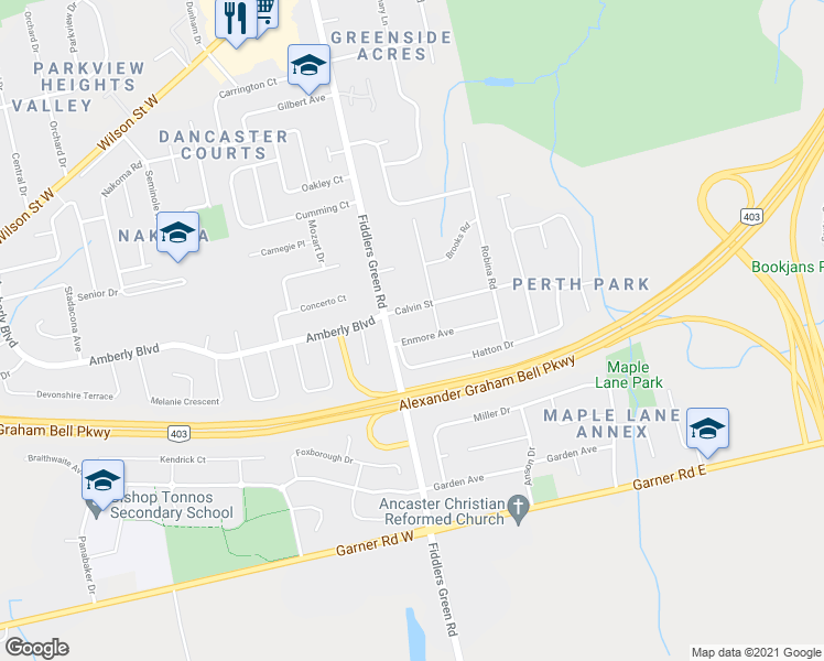 map of restaurants, bars, coffee shops, grocery stores, and more near 15 Enmore Avenue in Hamilton