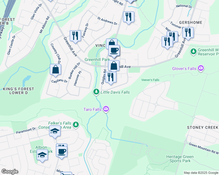 map of restaurants, bars, coffee shops, grocery stores, and more near 23 Hildegard Drive in Hamilton