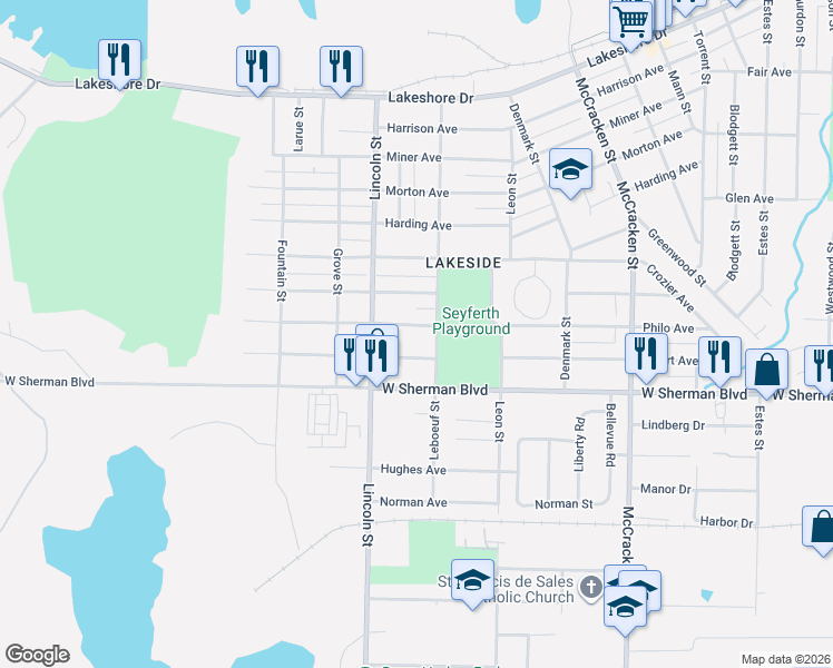 map of restaurants, bars, coffee shops, grocery stores, and more near 2311 Philo Avenue in Muskegon