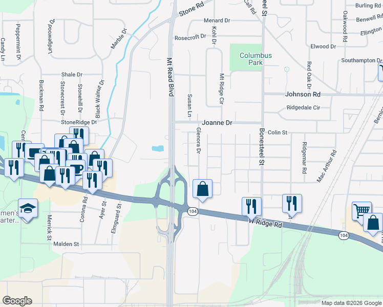 map of restaurants, bars, coffee shops, grocery stores, and more near 101 Glenora Gardens in Rochester