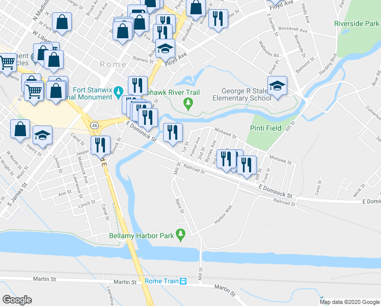 map of restaurants, bars, coffee shops, grocery stores, and more near 105 Palmer Avenue in Rome