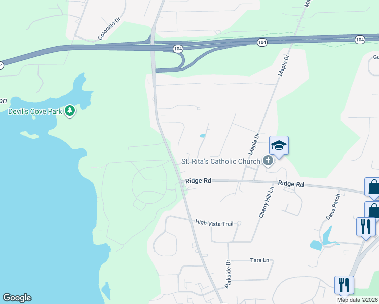 map of restaurants, bars, coffee shops, grocery stores, and more near 1012 Bay Road in Webster