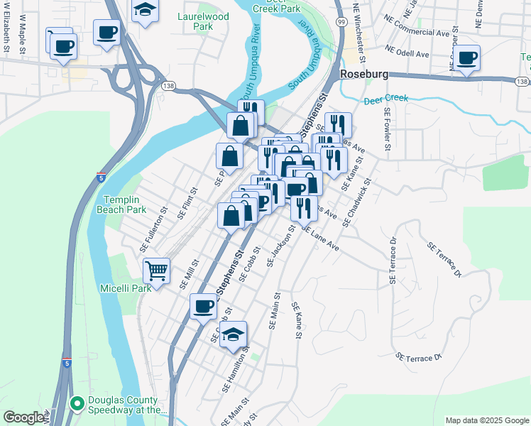 map of restaurants, bars, coffee shops, grocery stores, and more near 840 Southeast Stephens Street in Roseburg