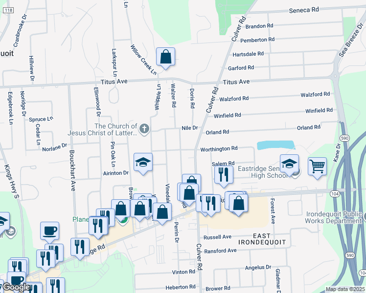 map of restaurants, bars, coffee shops, grocery stores, and more near 36 Worthington Road in Rochester