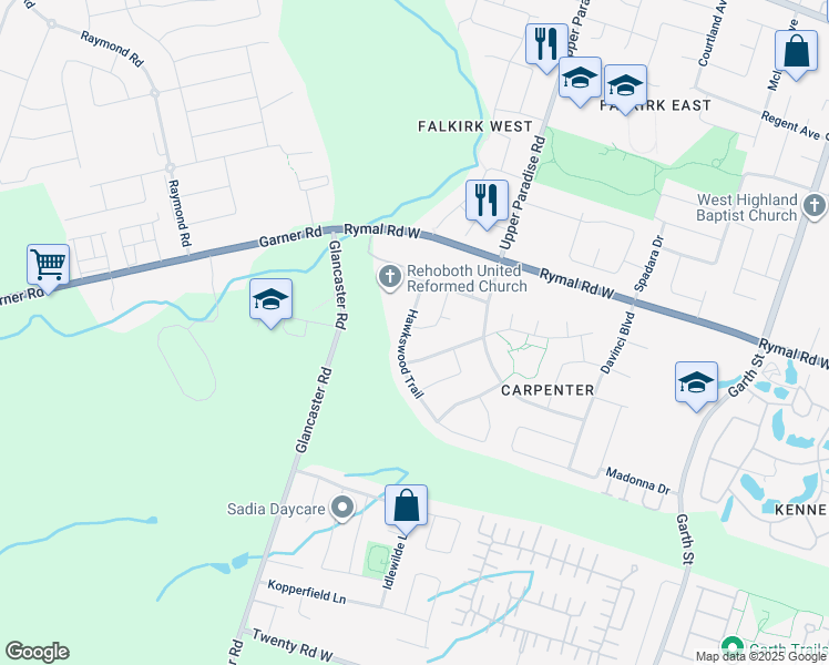 map of restaurants, bars, coffee shops, grocery stores, and more near 61 Coopershawk Crescent in Hamilton
