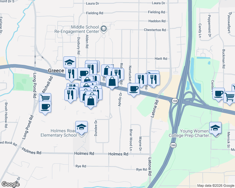 map of restaurants, bars, coffee shops, grocery stores, and more near 8 Apollo Drive in Rochester