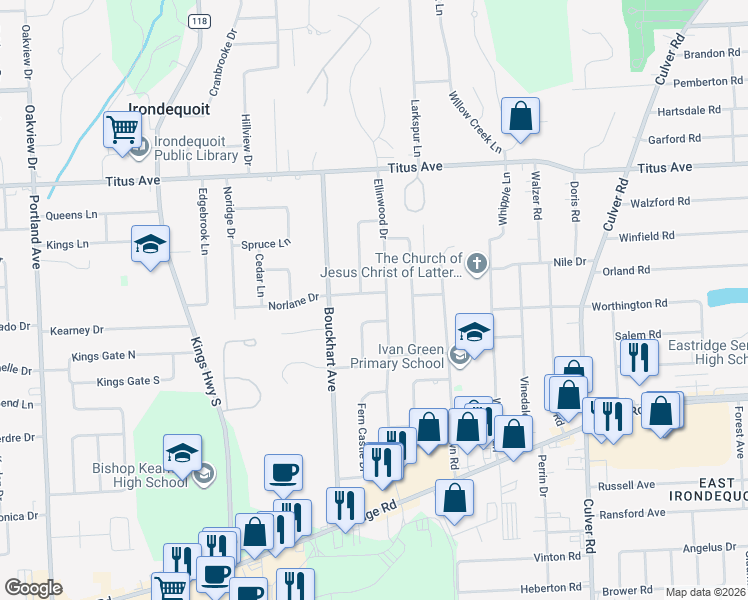 map of restaurants, bars, coffee shops, grocery stores, and more near 65 Panaview Drive in Irondequoit