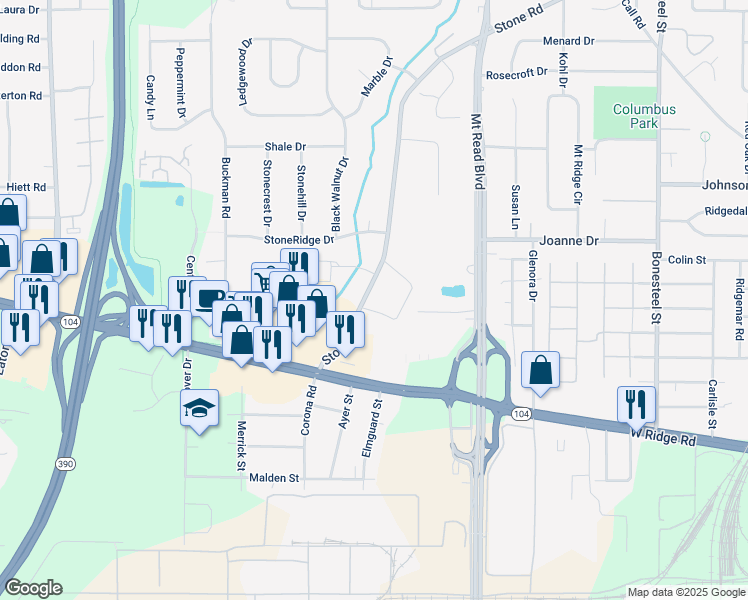 map of restaurants, bars, coffee shops, grocery stores, and more near 1785 Stone Road in Rochester