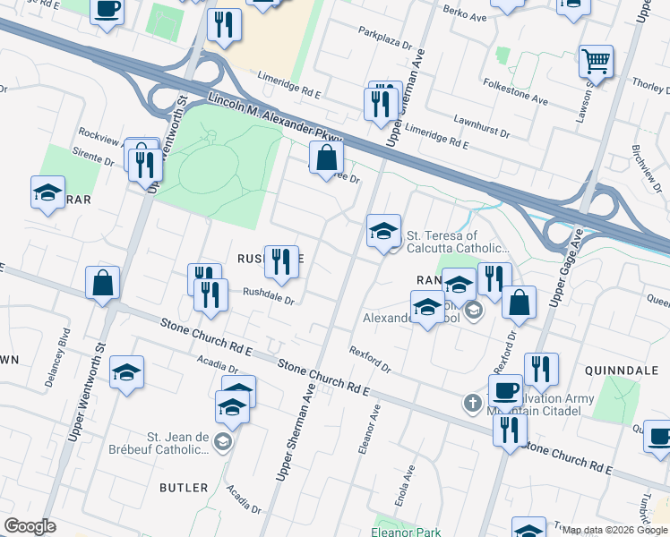 map of restaurants, bars, coffee shops, grocery stores, and more near 27 Ricardo Court in Hamilton