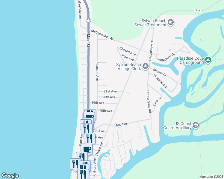 map of restaurants, bars, coffee shops, grocery stores, and more near 249 21st Avenue in Sylvan Beach