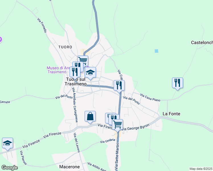 map of restaurants, bars, coffee shops, grocery stores, and more near 33 Viale Console Flaminio in Tuoro Sul Trasimeno