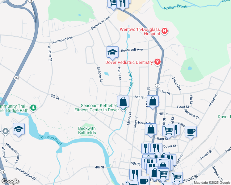 map of restaurants, bars, coffee shops, grocery stores, and more near 55 Ash Street in Dover