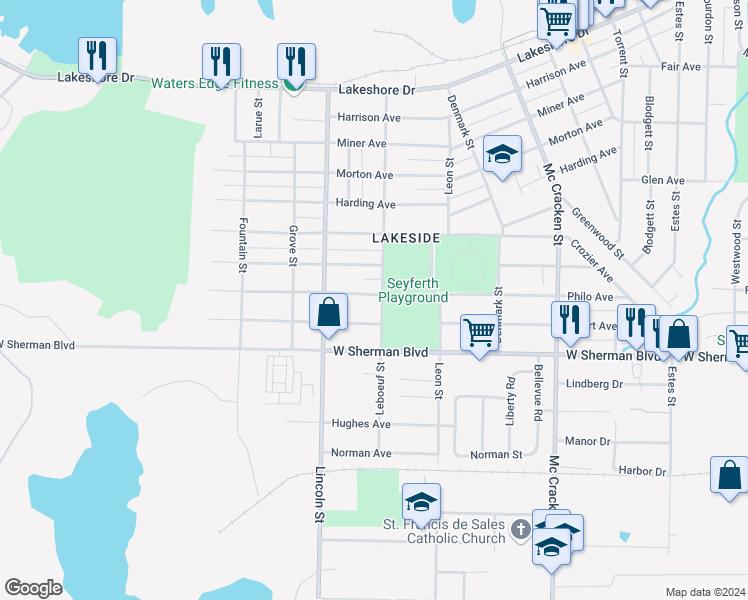 map of restaurants, bars, coffee shops, grocery stores, and more near 2311 Philo Avenue in Muskegon