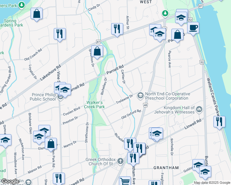 map of restaurants, bars, coffee shops, grocery stores, and more near 9 La Salle Drive in St. Catharines