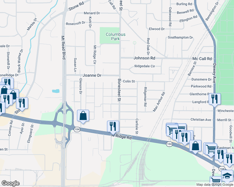 map of restaurants, bars, coffee shops, grocery stores, and more near 201 Bonesteel Street in Rochester