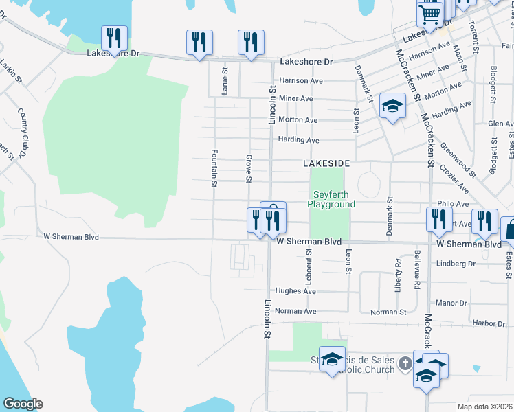 map of restaurants, bars, coffee shops, grocery stores, and more near 2431 Philo Avenue in Muskegon
