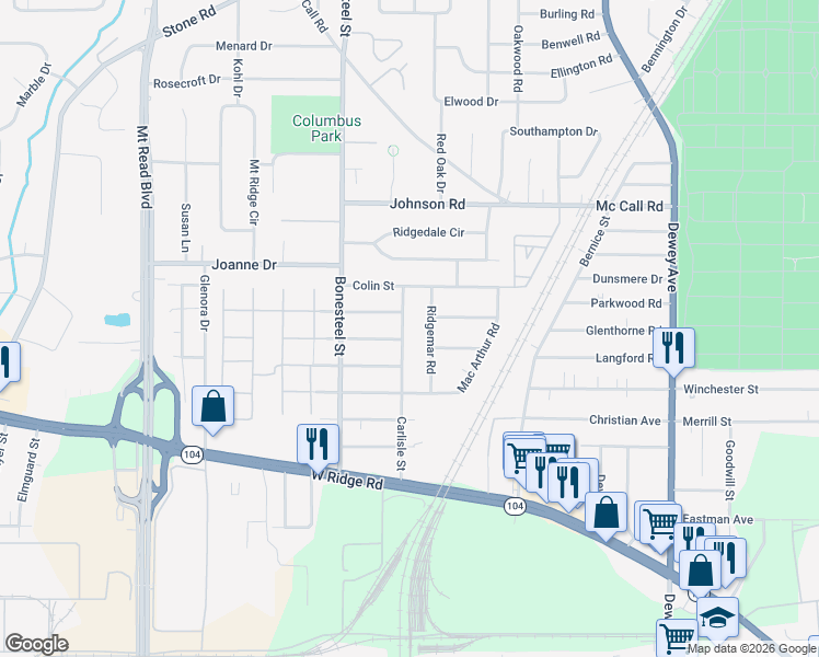 map of restaurants, bars, coffee shops, grocery stores, and more near 212 Carlisle Street in Rochester