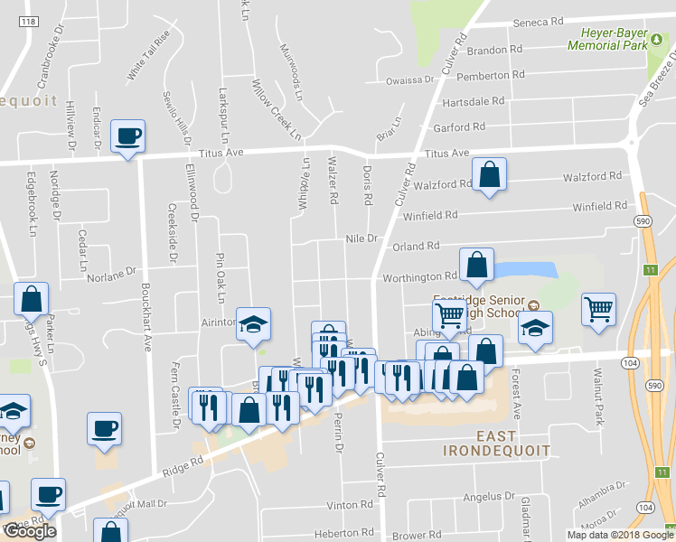 map of restaurants, bars, coffee shops, grocery stores, and more near 207 Walzer Road in Rochester