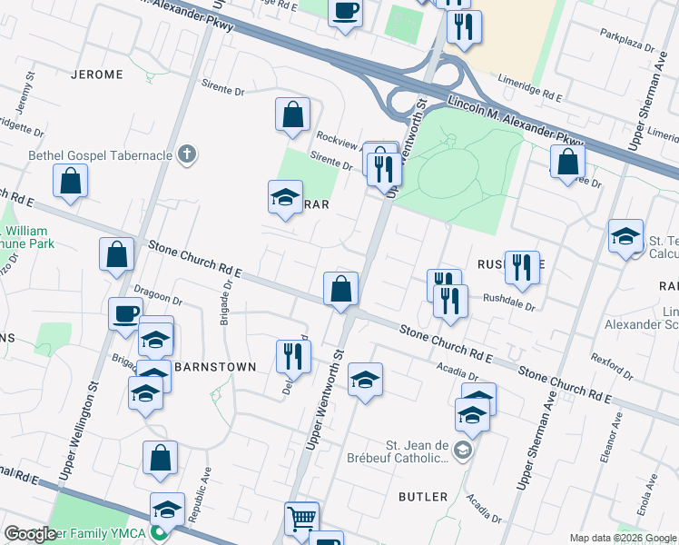 map of restaurants, bars, coffee shops, grocery stores, and more near 391 Stone Church Road East in Hamilton