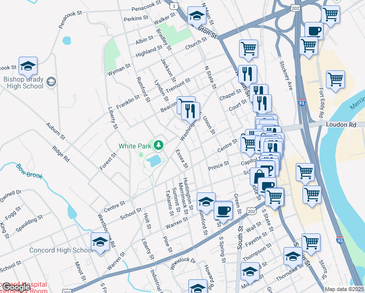 map of restaurants, bars, coffee shops, grocery stores, and more near 59 Rumford Street in Concord
