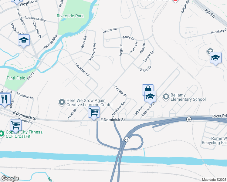 map of restaurants, bars, coffee shops, grocery stores, and more near 1012 Cayuga Street in Rome