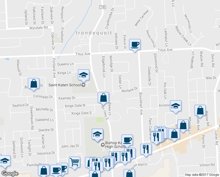 map of restaurants, bars, coffee shops, grocery stores, and more near 235 Noridge Drive in Rochester