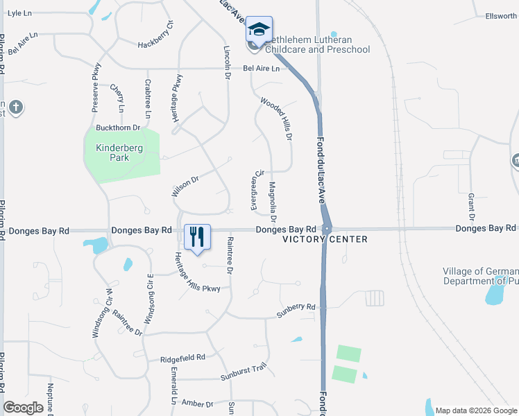 map of restaurants, bars, coffee shops, grocery stores, and more near W143N10456 Evergreen Circle in Germantown
