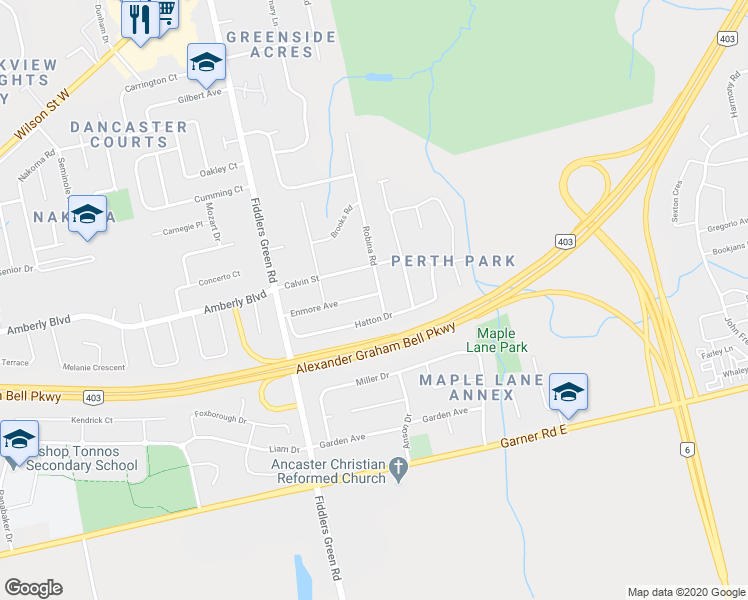 map of restaurants, bars, coffee shops, grocery stores, and more near 86 Enmore Avenue in Hamilton