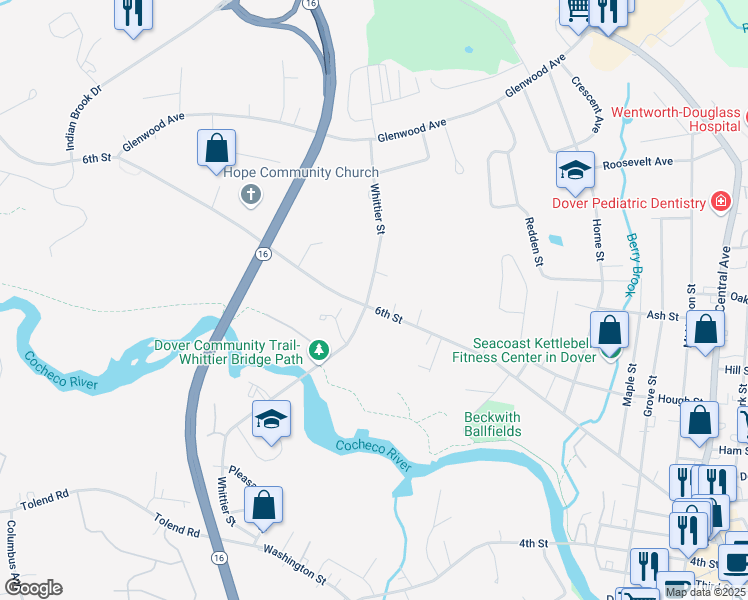 map of restaurants, bars, coffee shops, grocery stores, and more near 145 6th Street in Dover