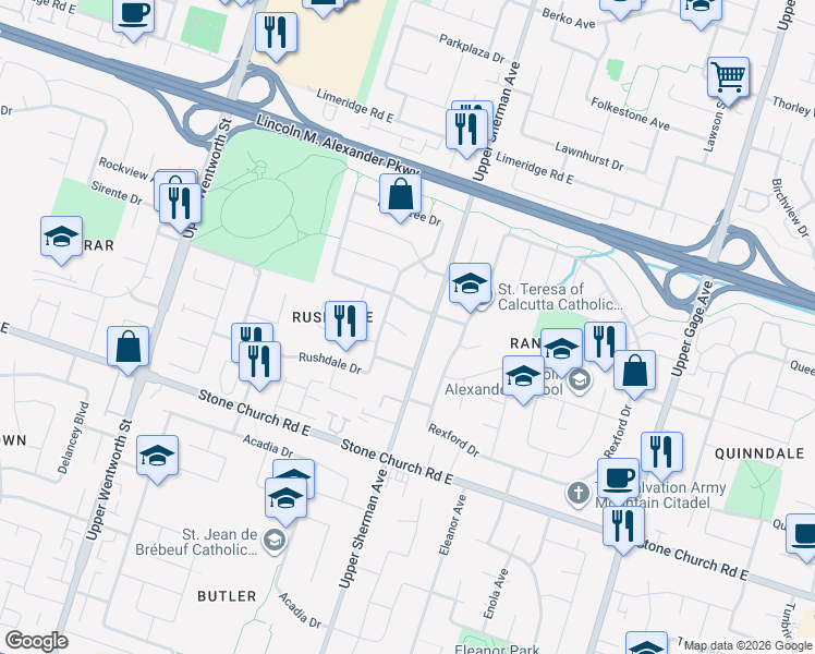 map of restaurants, bars, coffee shops, grocery stores, and more near 27 Ricardo Court in Hamilton