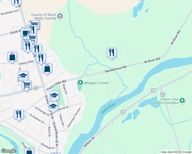 map of restaurants, bars, coffee shops, grocery stores, and more near 55 Paris Links Road in Brant