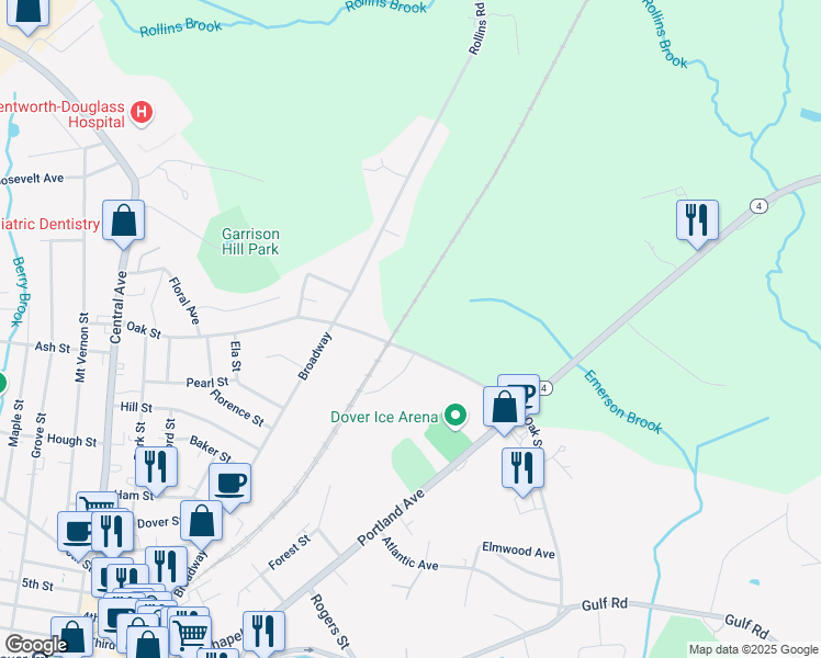 map of restaurants, bars, coffee shops, grocery stores, and more near 128 Oak Street in Dover