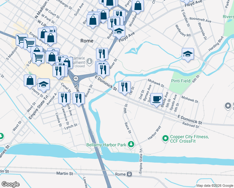 map of restaurants, bars, coffee shops, grocery stores, and more near 278 East Dominick Street in Rome