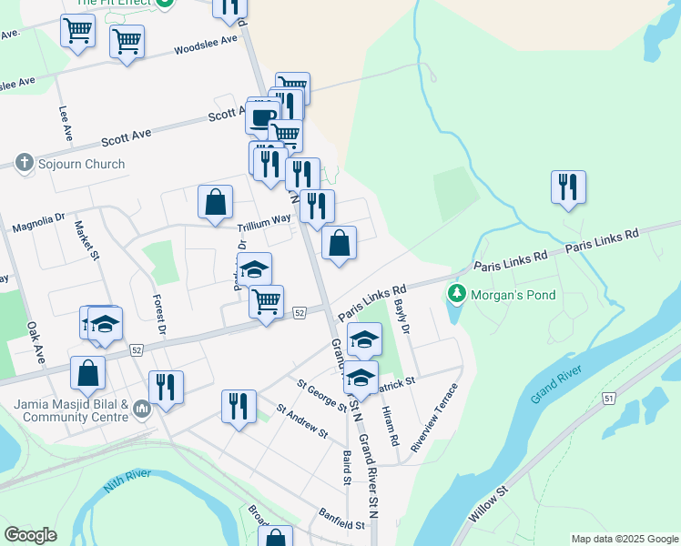 map of restaurants, bars, coffee shops, grocery stores, and more near 245 Grand River Street North in Brant
