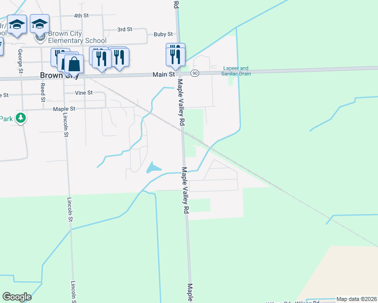 map of restaurants, bars, coffee shops, grocery stores, and more near 7185 Maple Valley Road in Brown City