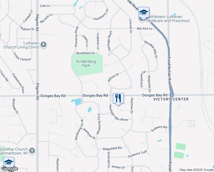 map of restaurants, bars, coffee shops, grocery stores, and more near W147N10463 Wilson Drive in Germantown