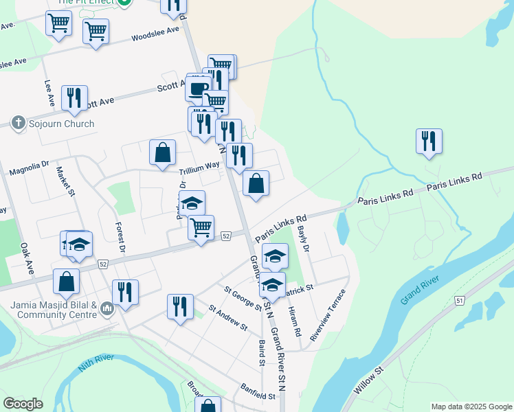 map of restaurants, bars, coffee shops, grocery stores, and more near 245 Grand River Street North in Brant