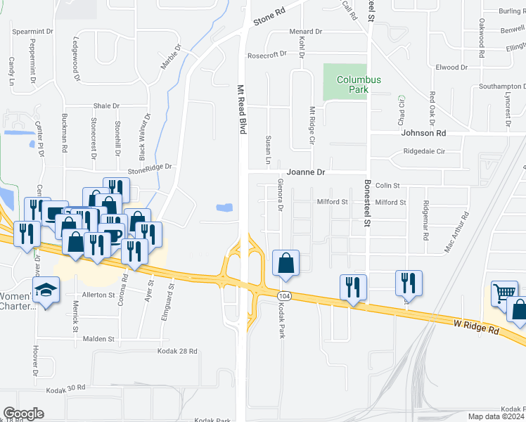 map of restaurants, bars, coffee shops, grocery stores, and more near 101 Glenora Gardens in Rochester