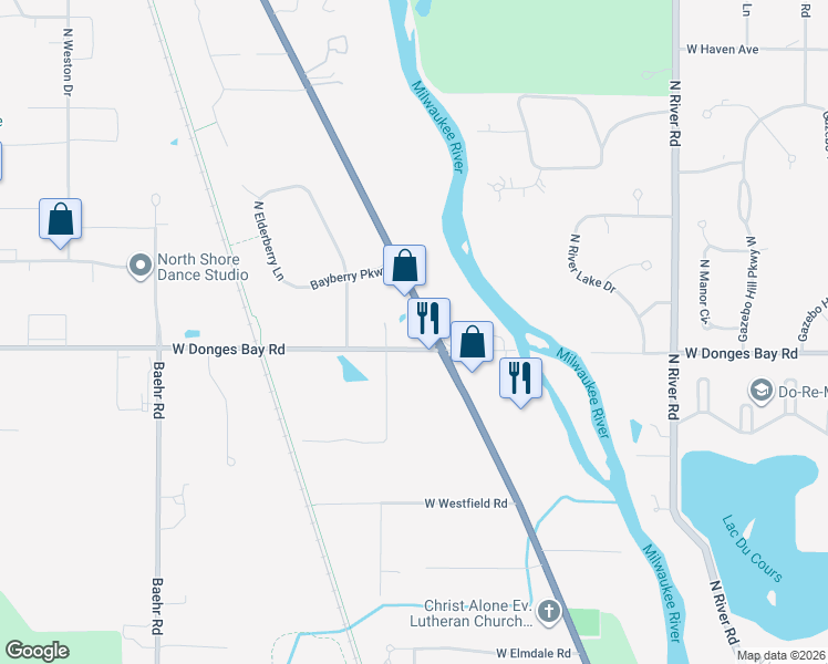 map of restaurants, bars, coffee shops, grocery stores, and more near 10401 North Cedarburg Road in Mequon