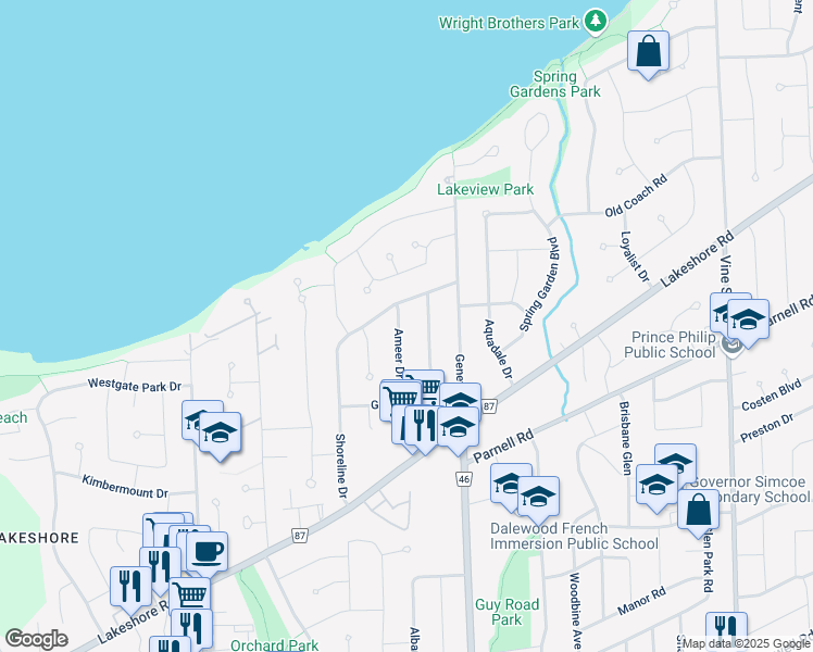 map of restaurants, bars, coffee shops, grocery stores, and more near 30 Ameer Drive in St. Catharines