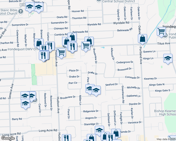 map of restaurants, bars, coffee shops, grocery stores, and more near 222 Drake Drive in Irondequoit