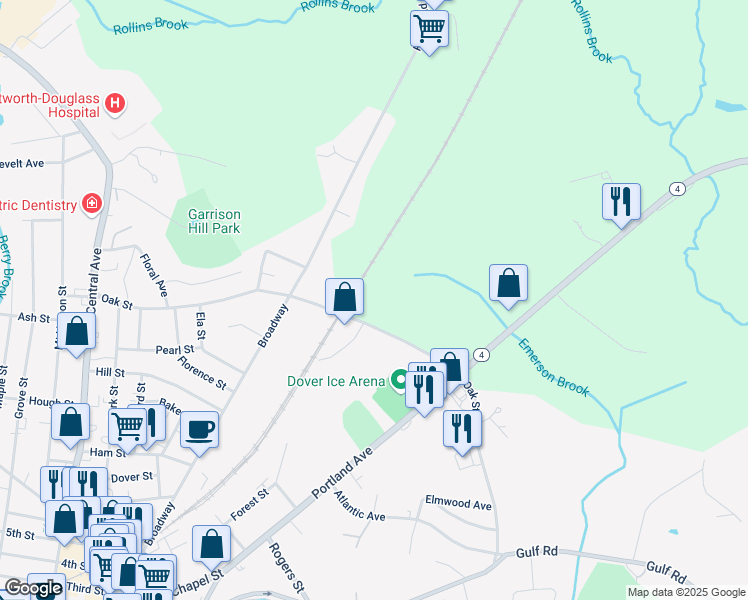 map of restaurants, bars, coffee shops, grocery stores, and more near 128 Oak Street in Dover